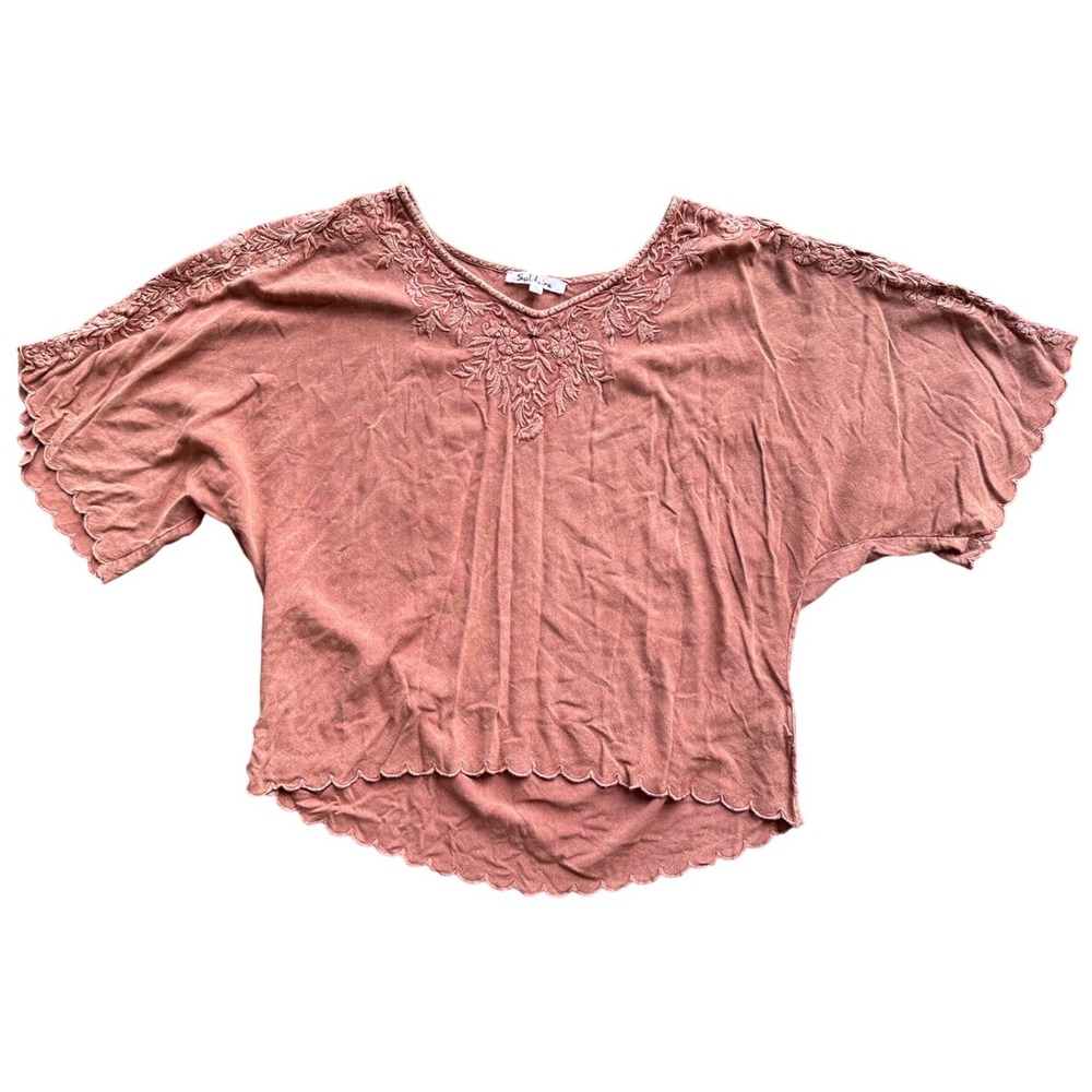Solitaire Womens Embroidered Boho Scalloped Hem V-Neck Blouse Rust Orange Large